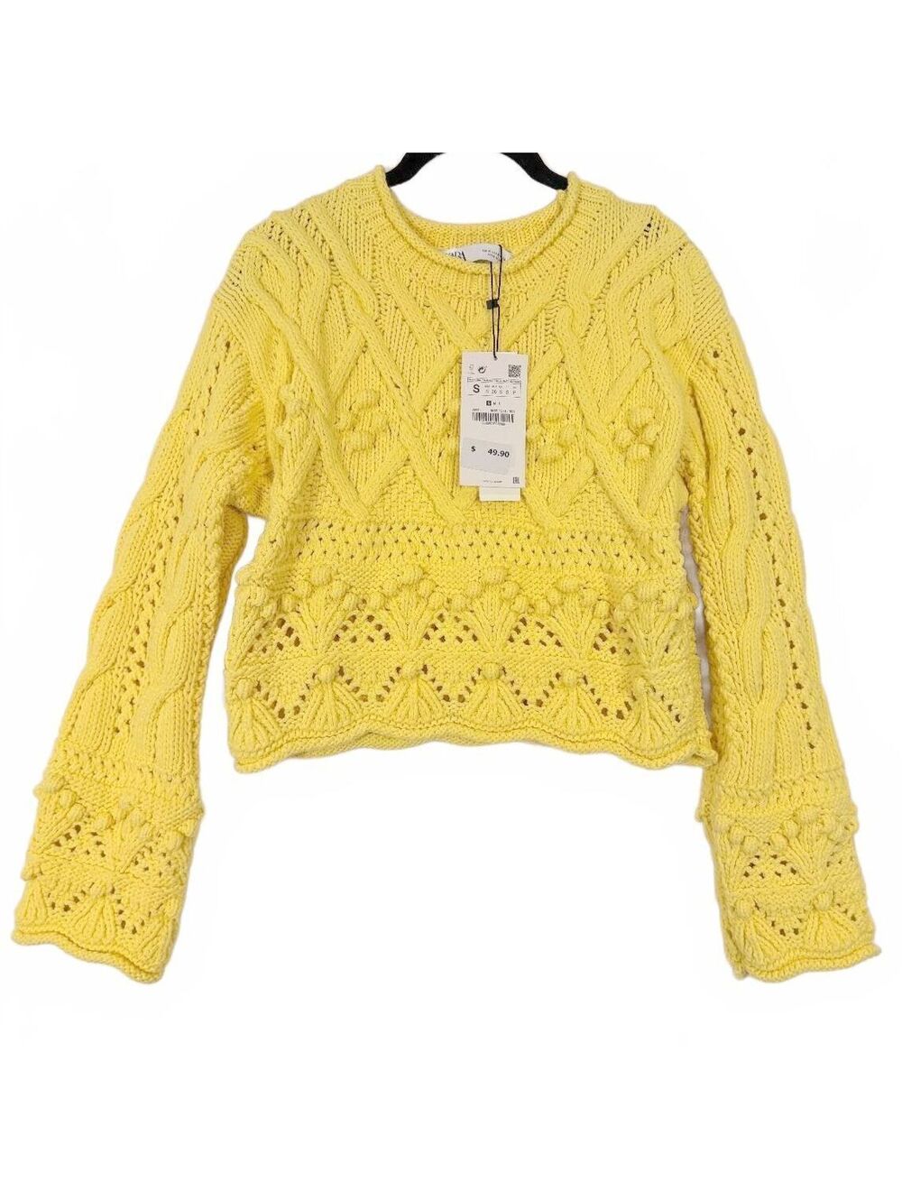 Zara Yellow Openwork Crochet Cable Knit Pom Pom Cropped Sweater Size Small NWT